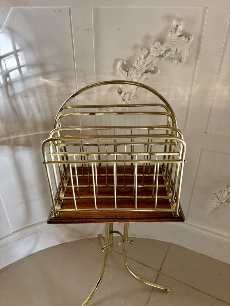 Antique Victorian Quality Brass and Oak Magazine Stand